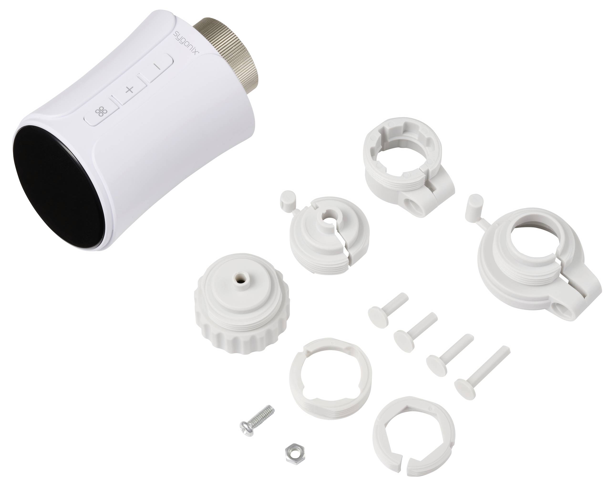 A thermostat with removable mounting components, including brackets and screws, for installation on radiators.