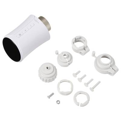 A thermostat with removable mounting components, including brackets and screws, for installation on radiators.