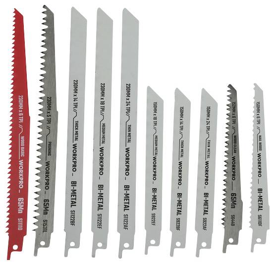 A set of ten reciprocating saw blades of various sizes and tooth designs, labeled 'WORKPRO' and 'BI-METAL', suitable for cutting metal.