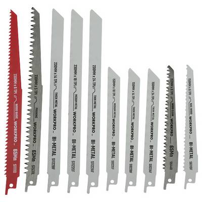 A set of ten reciprocating saw blades of various sizes and tooth designs, labeled 'WORKPRO' and 'BI-METAL', suitable for cutting metal.