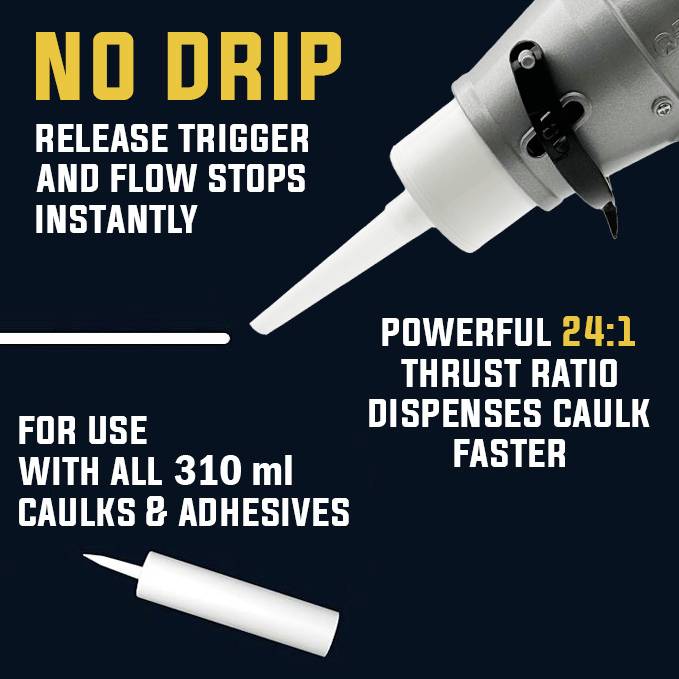 Electric cartridge gun pictured, advertises 'no drip' and '24:1 thrust ratio'. Suitable for 310 ml cartridges.