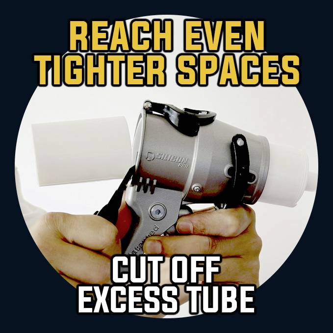 'Cut off protruding pipe to reach tighter spots.' A person is holding a pipe-cutting tool against a pipe.