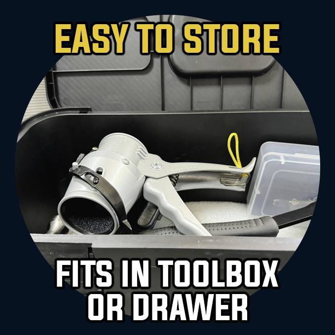 'Easy to store', a tool lies in an open toolbox with a yellow cable and a transparent storage box.