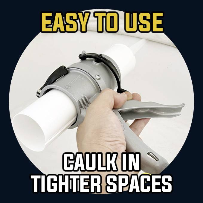 A hand is holding a caulking gun that makes it easier to apply sealant in tight spaces. Text: 'EASY TO USE' and 'CAULK IN TIGHTER SPACES'.