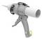 A grey, manual sealant dispensing gun with an ergonomic handle and a long, white nozzle tube.