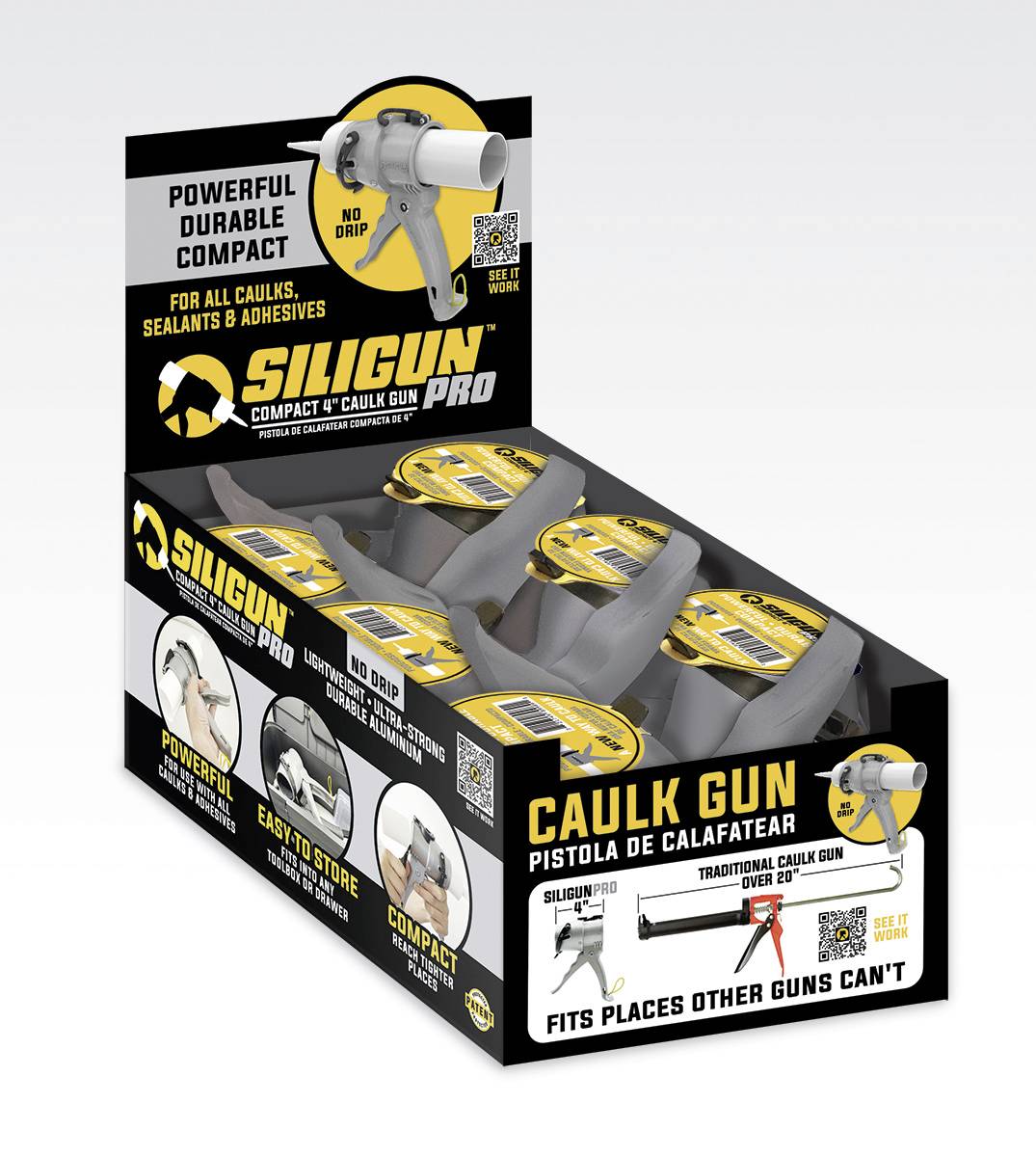 'Caulking Gun' in a black packaging. Attention to 'Powerful Durable Compact' and 'Fits Places Other Guns Can't'. Six products visible.