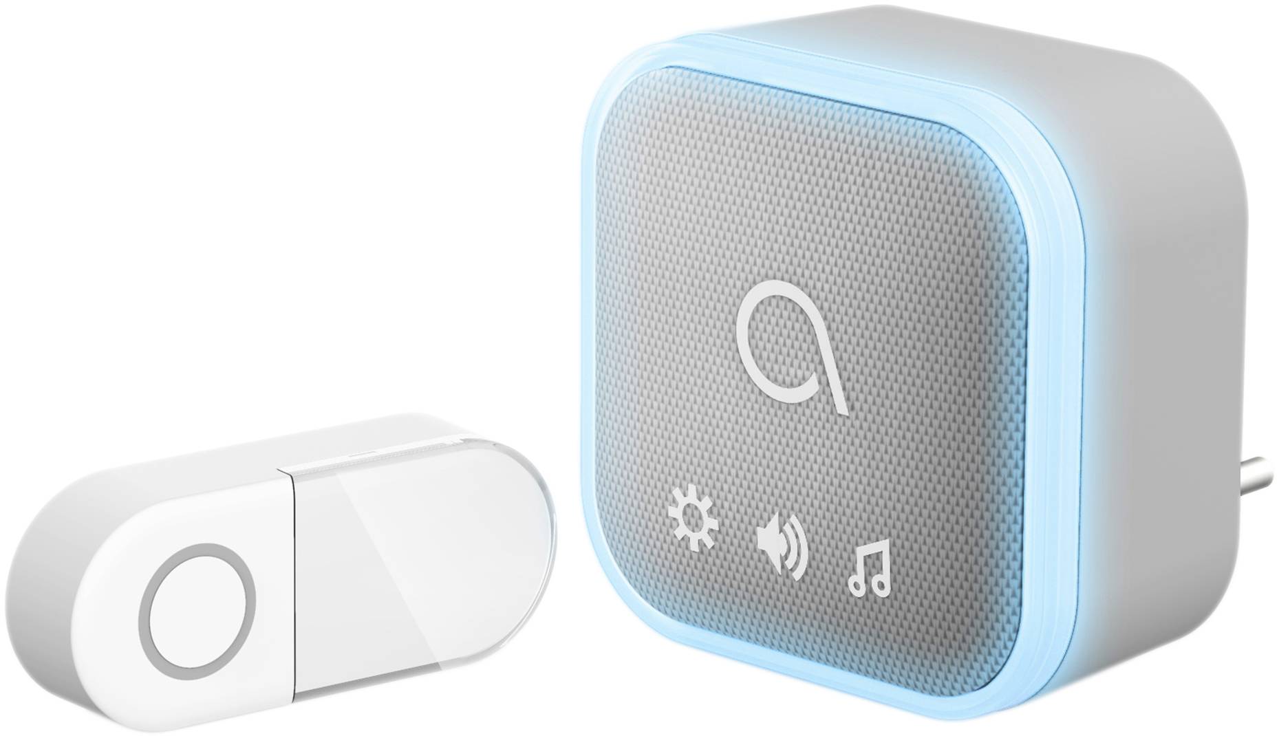 Doorbell set with a portable receiver and a wireless doorbell button. The receiver has illuminated frames and symbols for settings.