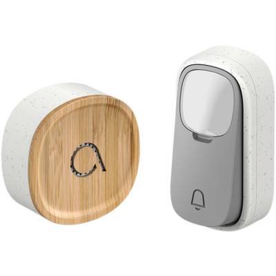 Doorbell set comprising a cordless receiver with wood-effect finish and a grey sender button featuring a bell symbol.