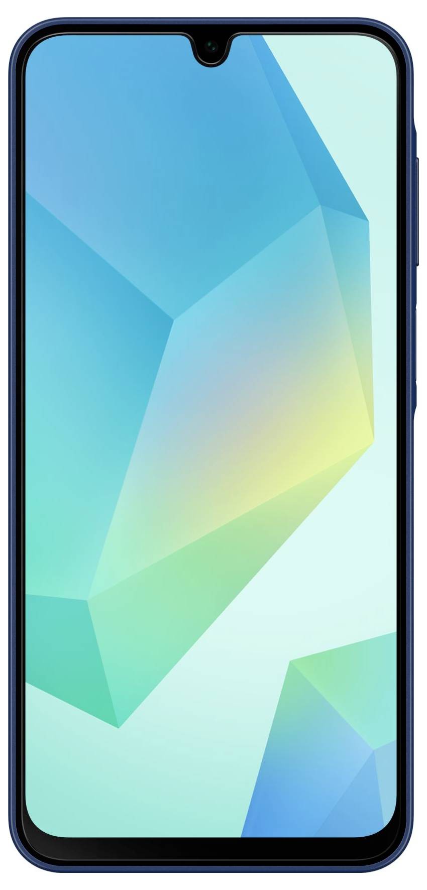 A smartphone with a large display, blue frame, and minimalist background.