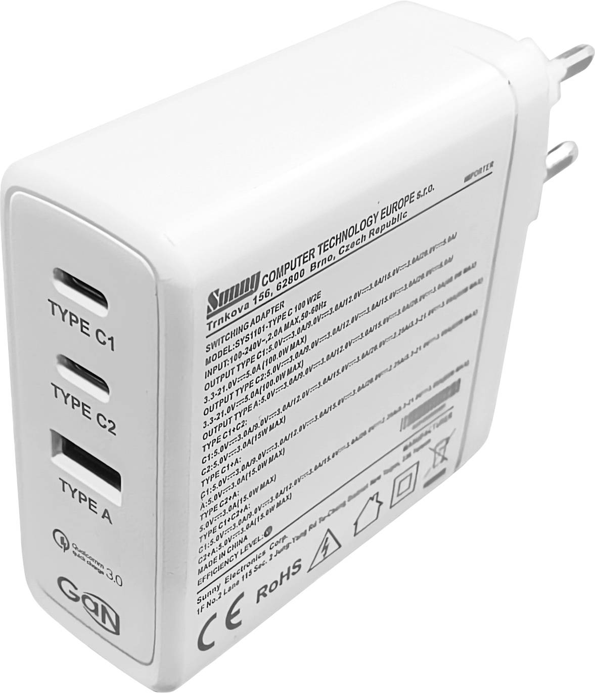 Dehner Elektronik SYS 1101-Type C 100 W2E Euro USB charger 80 W 1x USB-A, 2x USB-C® Power Delivery 3.0, Quick Charge 3.0 White Indoors, Mains socket incl.