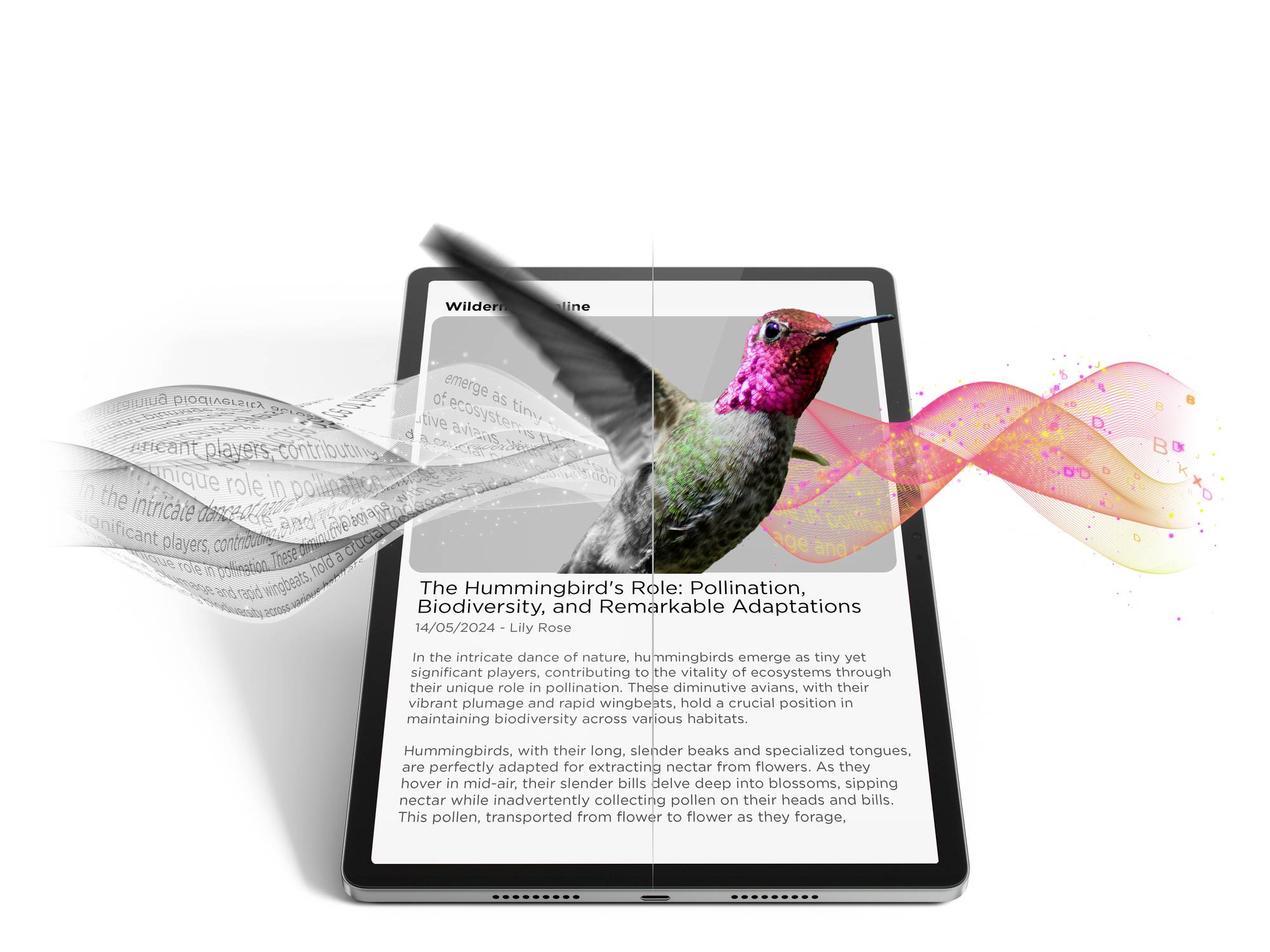 A hummingbird flies over a tablet displaying an article about its role in pollination and biodiversity.