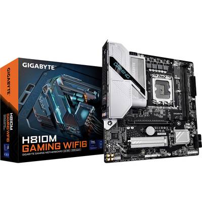 'GIGABYTE H810M GAMING WIFI6' motherboard shown alongside its box, highlighting the product's branding and main features.