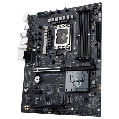 A computer motherboard with multiple slots and ports, featuring a socket for a CPU, RAM slots, and various connectors for peripherals.