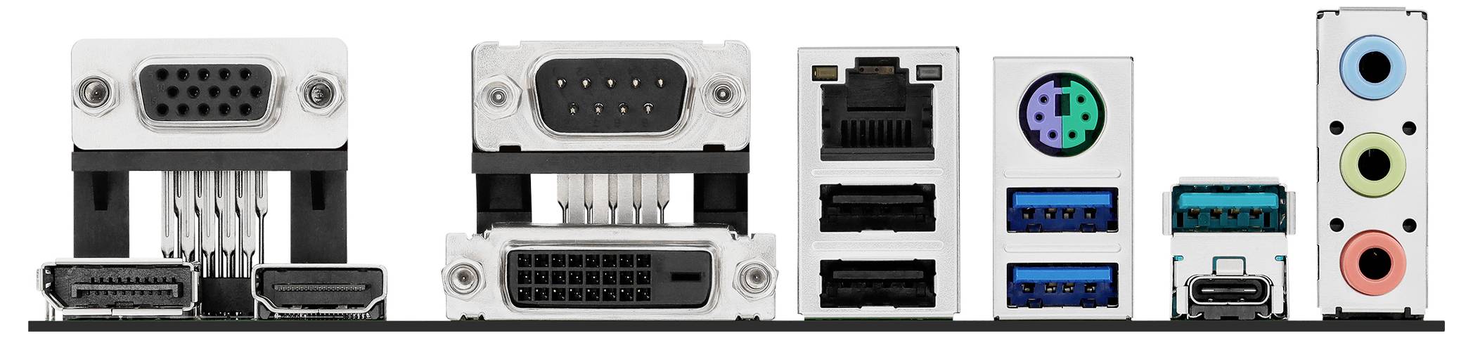 'Back panel of a computer motherboard with various ports: VGA, DVI, HDMI, Ethernet, USB, PS/2, and audio jacks.'