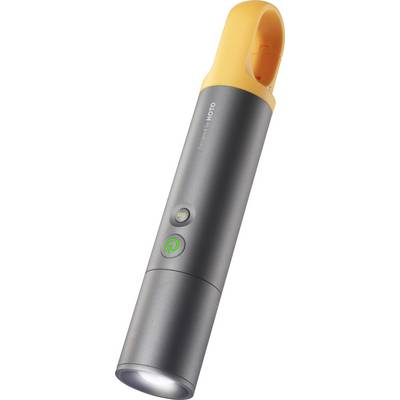 Portable, grey torch with an orange handle and green power button, compact and ergonomically designed for versatile use.