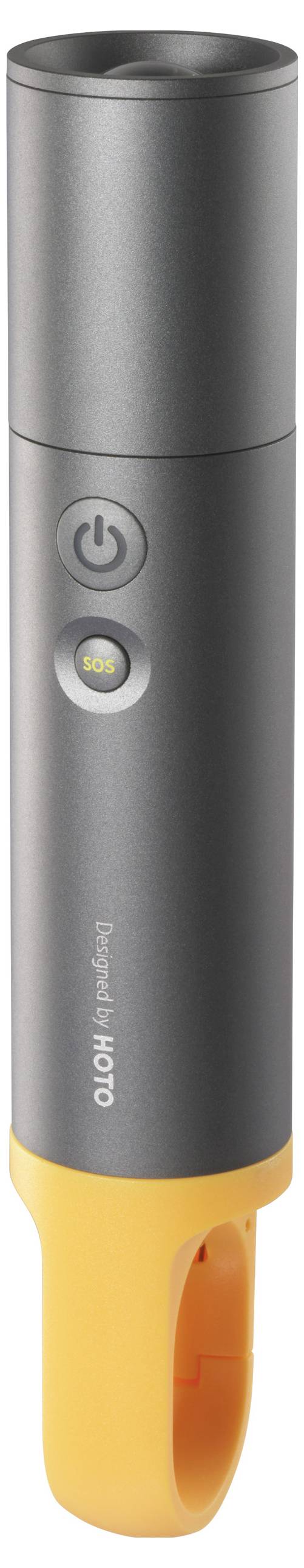 Grey, cylindrical mini-projector with an orange base and two buttons on the side, one with a 'Power On/Off' symbol.