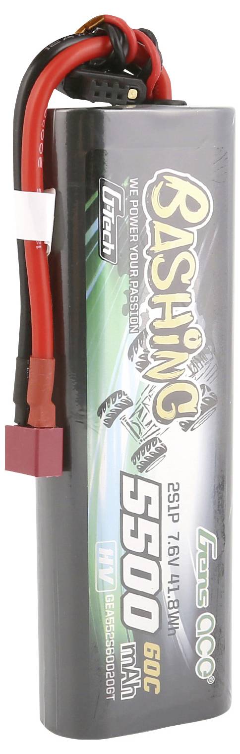 A black Bashing Lithium Battery Pack 5500mAh 60C 7.6V with red and black leads, suitable for remote-controlled vehicles.
