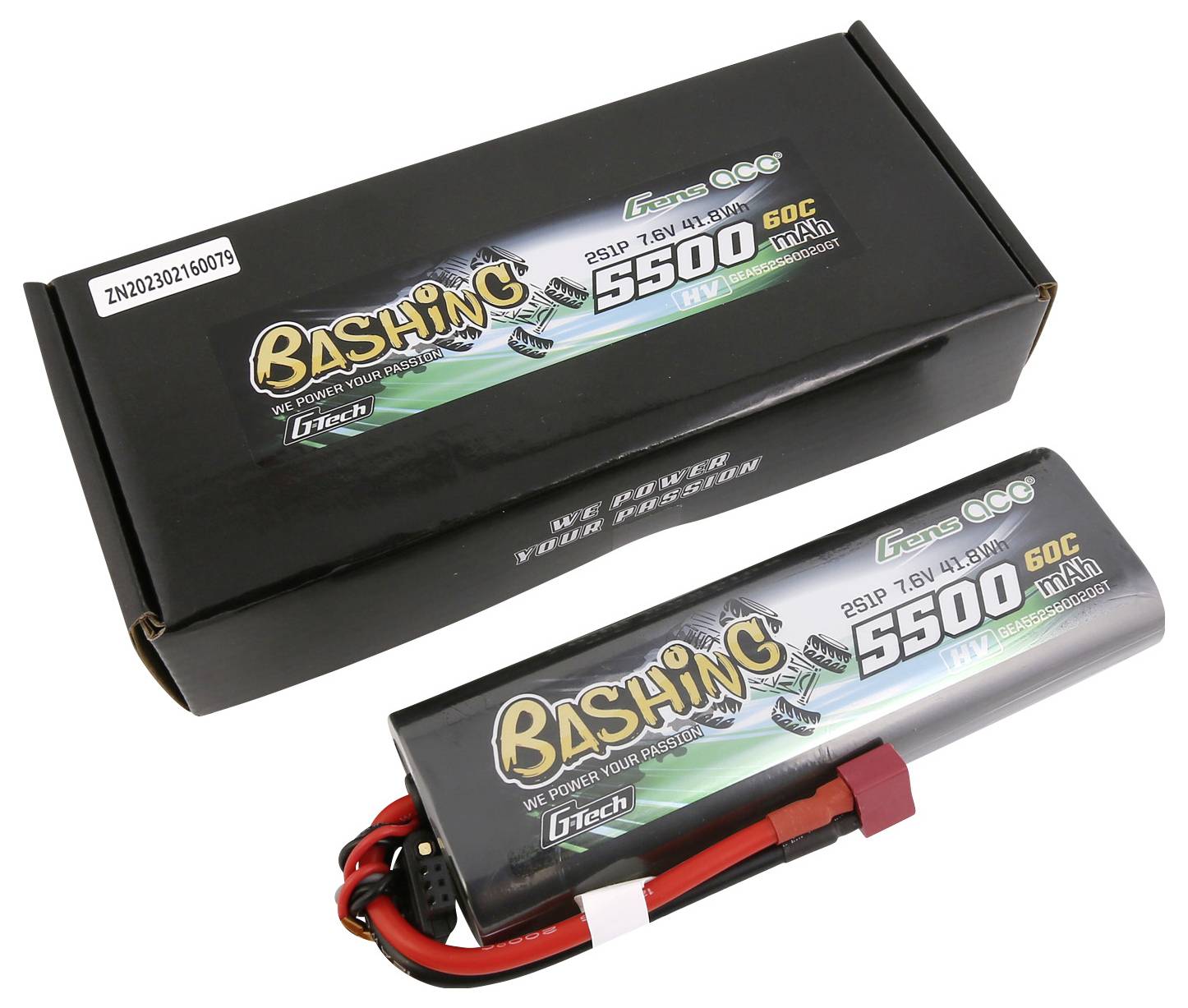 'Gens Ace Bashing' brand LiPo battery with 5500mAh, 7.6V, 60C. Shows a product packaging and the battery with connection cables.