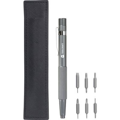 A grey multi-functional tool set with a screwdriver, six bits and a black pouch, suitable for precision work.