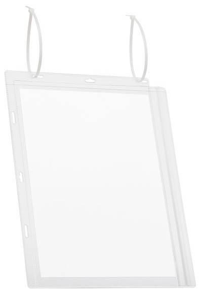 Plastic display pocket with two hooks for attachment. Suitable for easily presenting information on walls or boards.