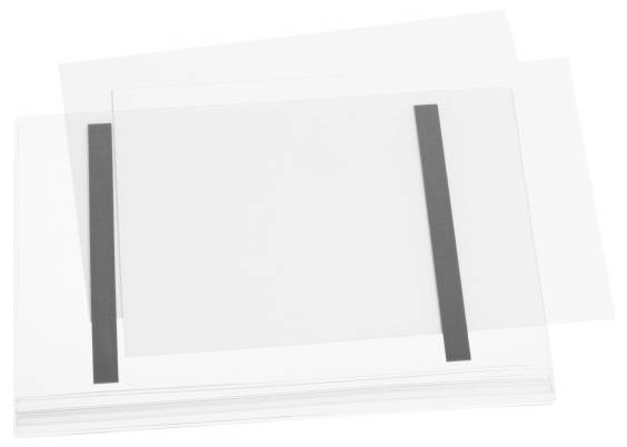 A stack of transparent plastic sleeves, with two black strips for securing paper sheets, on a white surface.
