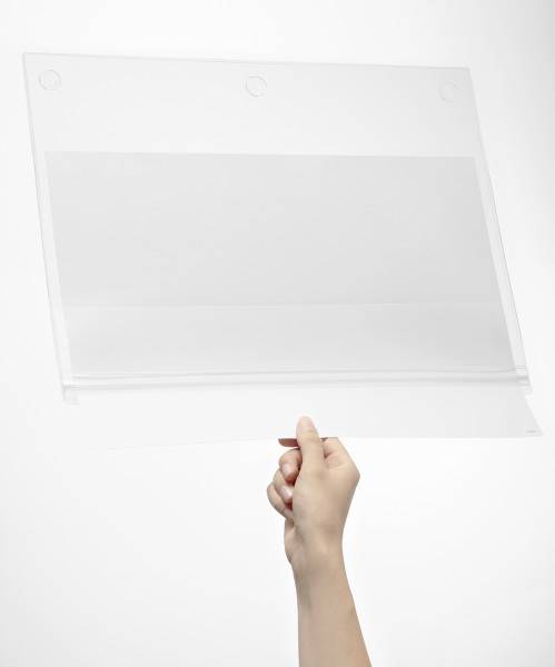 A hand holds a transparent document sleeve against a white background.