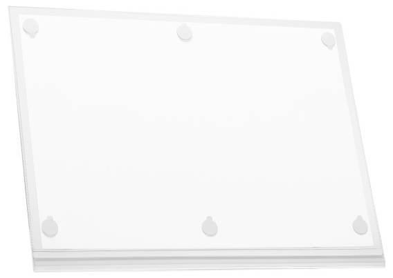 White rectangular board with rounded corners and four round stickers. It is slightly raised on a surface.