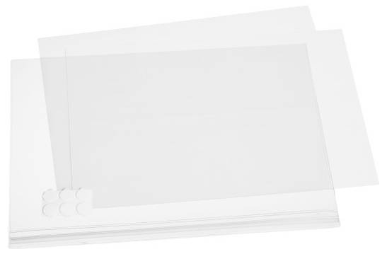 Transparent protective film with white, round adhesive dots in the bottom left corner, stacked on several other films.