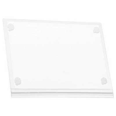 A transparent, slightly angled acrylic display holder with rounded corners, perfect for presenting photographs or documents.