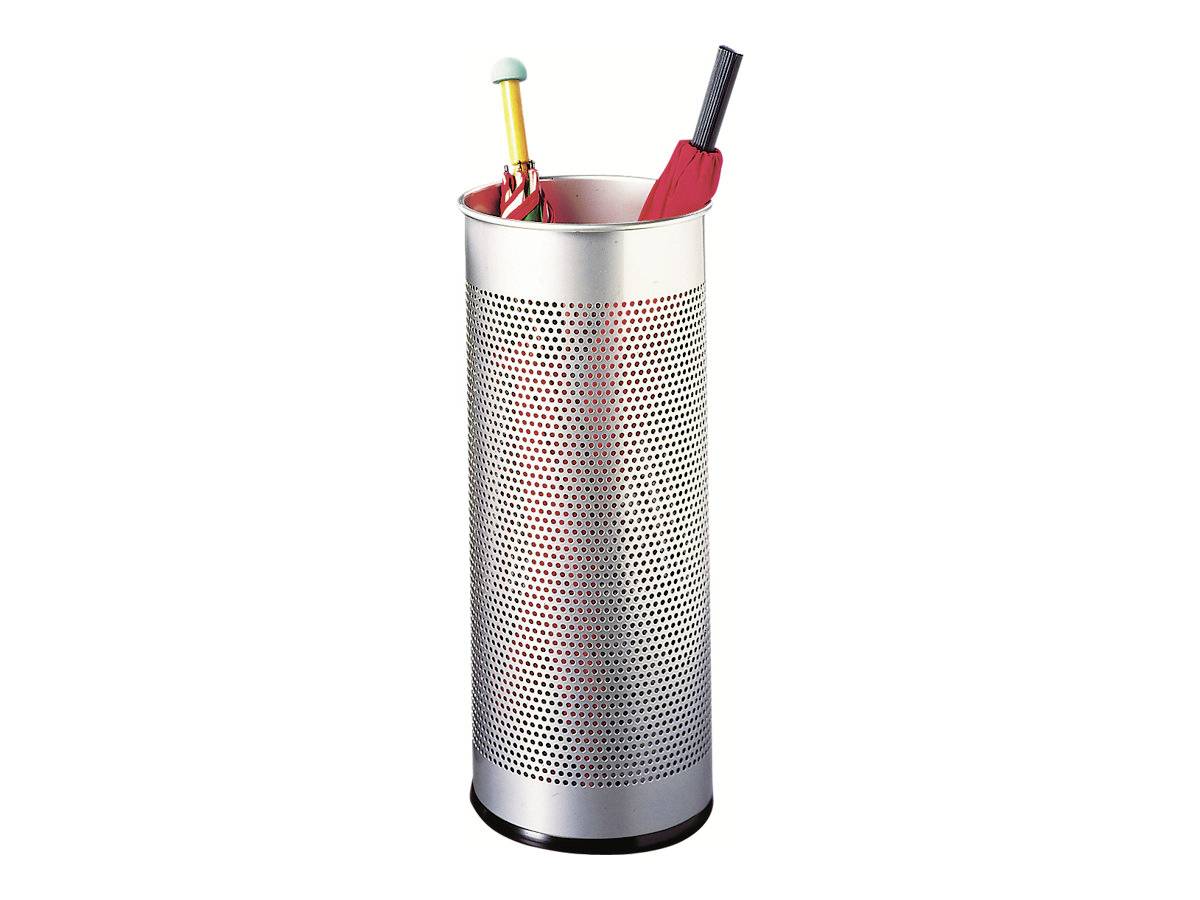 A silver, cylindrical umbrella stand with a perforated pattern, contains two umbrellas, one red and white striped and one solid red.