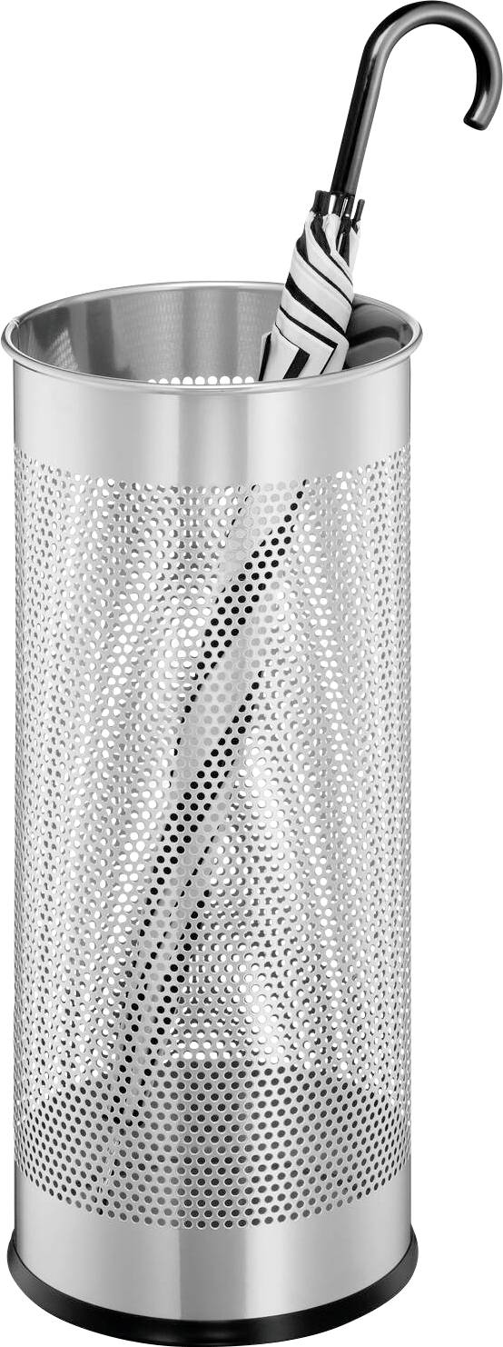 Silver metal umbrella stand with a striped umbrella inside. The stand features a perforated design.