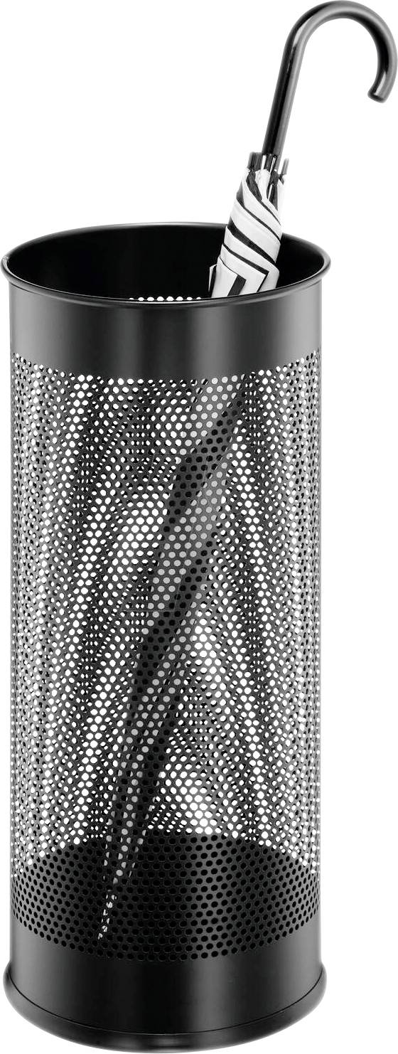 Black, cylindrical umbrella stand with a striped umbrella inside it.