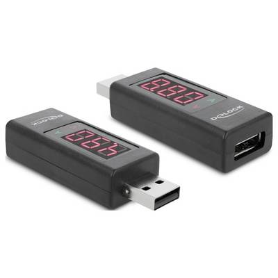 Two digital USB power meters with LED display for voltage and current. One device shows '0.64' and the other '0.00'.