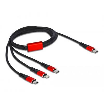 Charging cable with a USB-C plug and three different connection options: USB-C, Micro-USB and Lightning, against a white background.