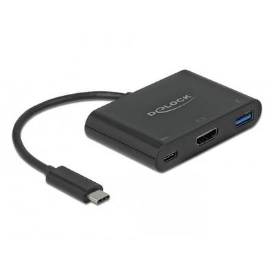 A black adapter with a USB-C plug and ports for HDMI, USB-A and USB-C, which enables device connections.