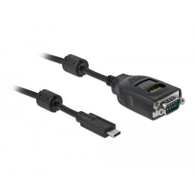 A black USB-C to RS232 adapter cable, connecting a USB-C plug with a 9-pin RS232 plug, against a white background.