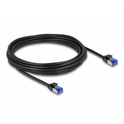 A black Ethernet cable with blue connectors at both ends, rolled up with only the connectors exposed, lies on a white background.