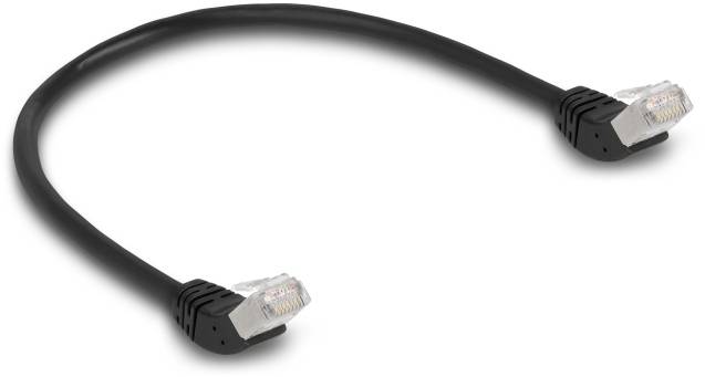 Black Ethernet cable with RJ45 connectors at both ends, used for network connections.