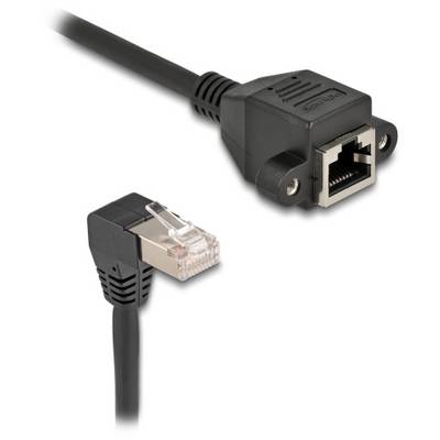 A black Ethernet cable with plug and socket, suitable for connecting network devices.