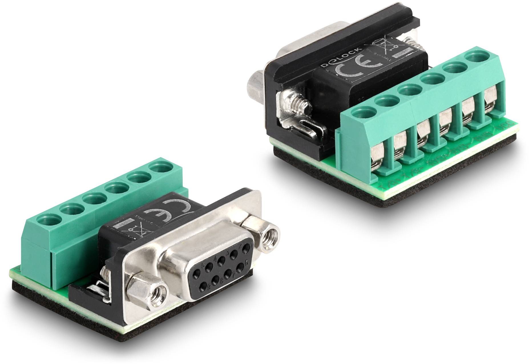 Two green connector adapters, one with a DB9 socket, show connections and terminal screws for electrical connections.