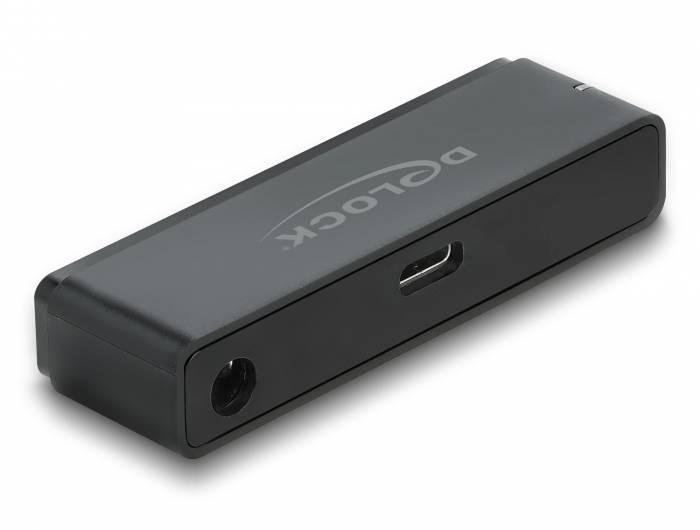 A black USB-C adapter from Delock with an audio and a USB-C port, on a white background.