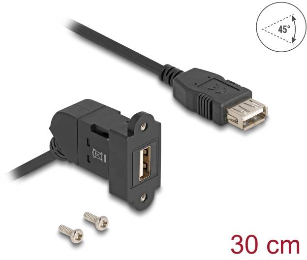 A 30 cm USB extension cable with mounting bracket and screws, suitable for installation. Angle: 45 degrees.