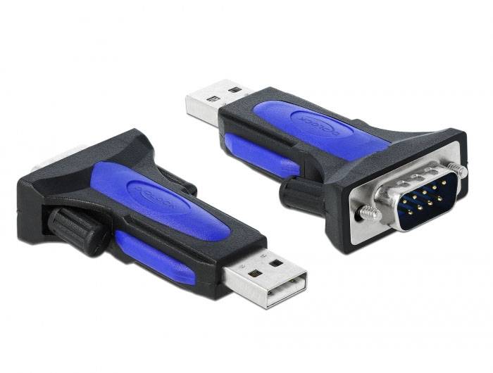 Two adapters: USB to serial RS232 port, black and blue, on a white background.
