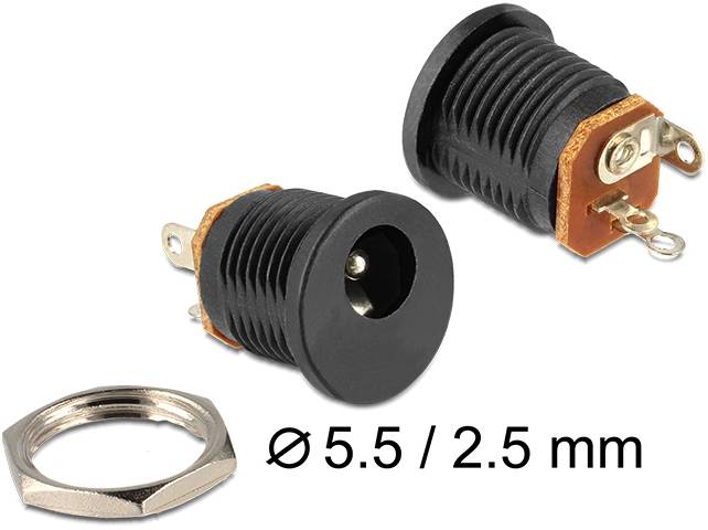 Two black DC sockets with an outer diameter of 5.5 mm and an inner diameter of 2.5 mm, positioned next to a hexagonal nut.