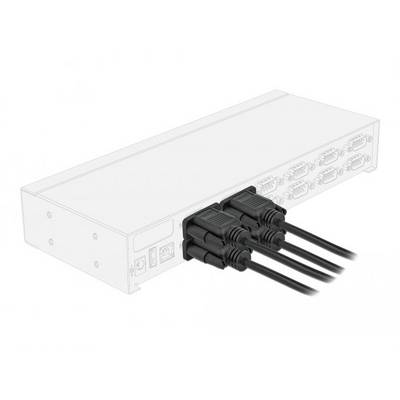 The back of an electronic device with several black cables firmly plugged into the sockets.