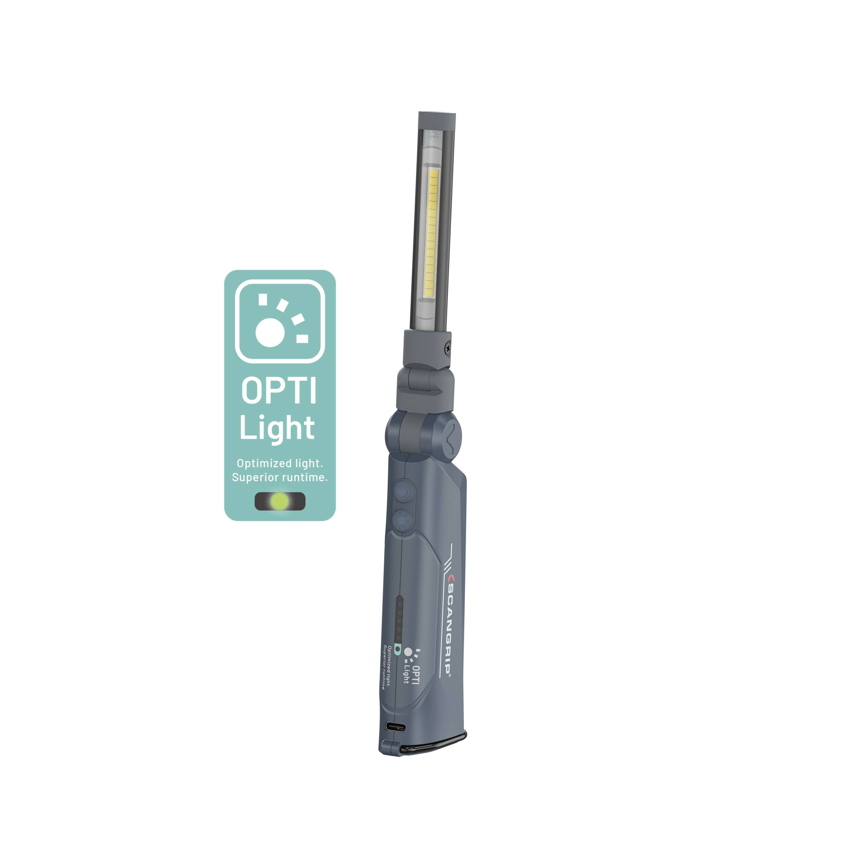 'Egami Oply AL 500 UV C+R' LED work lamp with UV light for inspection, black, flexible head, vertical optimisation label.