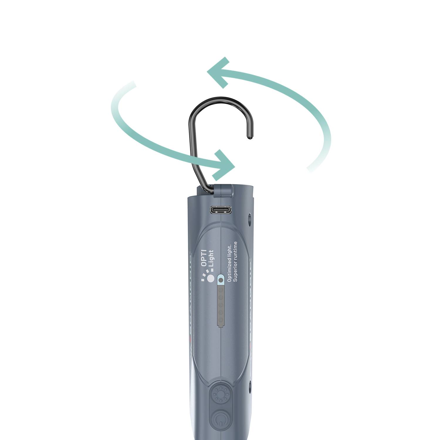 Grey portable lamp with a hook at the top, which is rotatable 360 degrees for hanging. Text on the lamp: 'LED Lamp'.