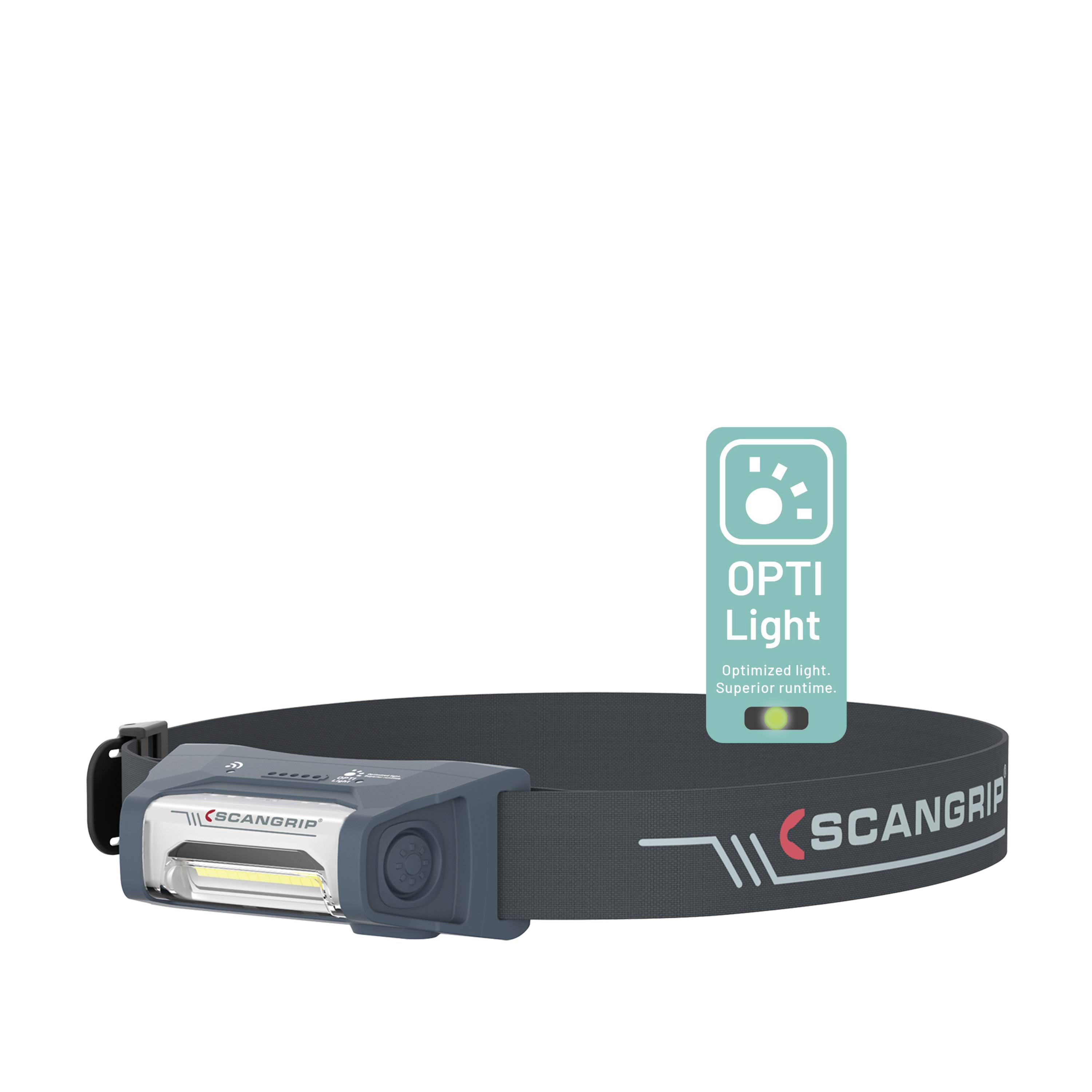 'SCANGRIP' head torch with adjustable band, LED light at the front. A blue sign displays 'OPTI Light - Superior runtime'.