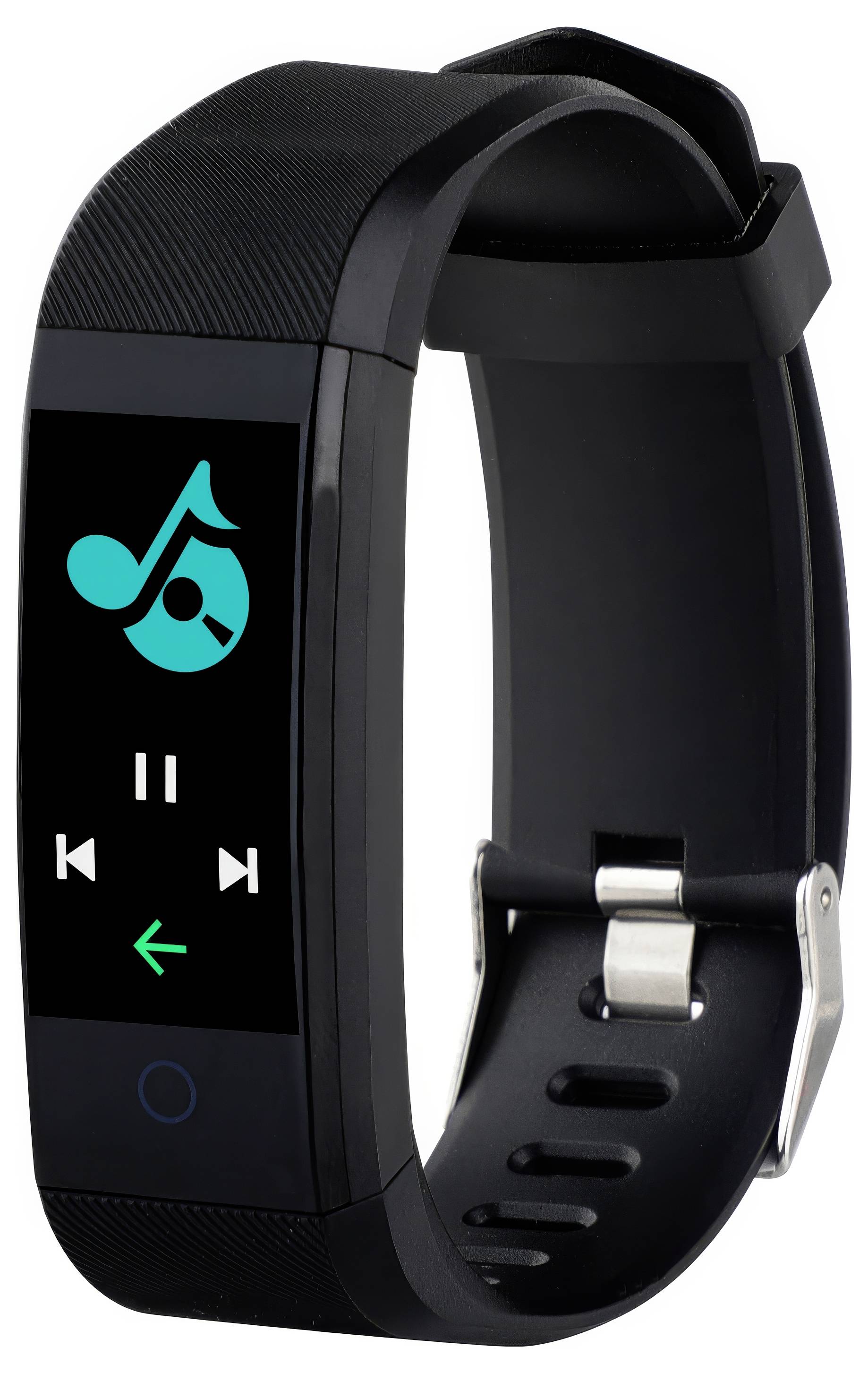 A black wristband with a digital display showing music control symbols: a green musical note, play/pause, and arrow buttons.