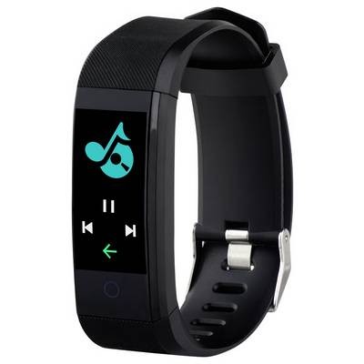 A black wristband with a digital display showing music control symbols: a green musical note, play/pause, and arrow buttons.